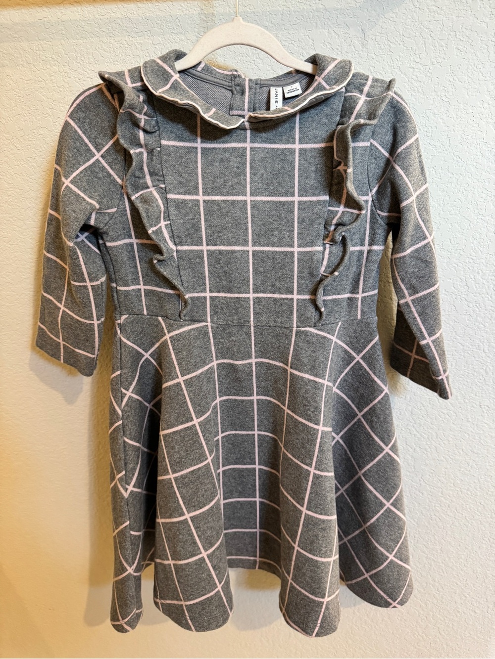 Janie and Jack Grey Dress with Pink Windowpane Ruffle